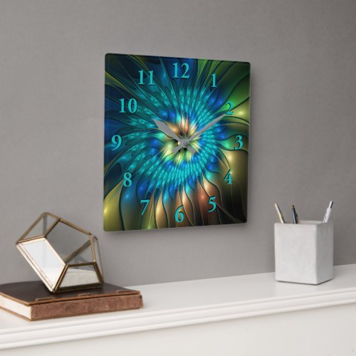 Luminous Fantasy Flower Colorful Abstract Fractal Square Wall Clock
