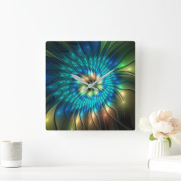 Luminous Fantasy Flower, Colorful Abstract Fractal Square Wall Clock