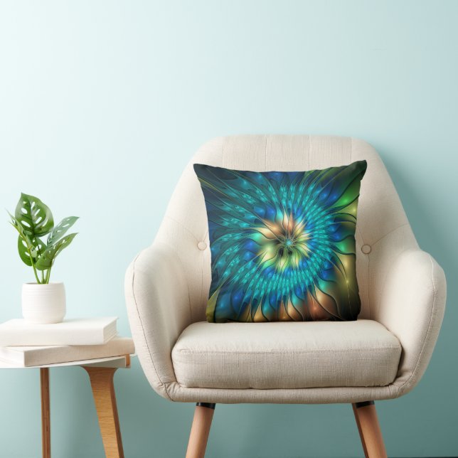 Luminous Fantasy Flower, Colorful Abstract Fractal Throw Pillow (Chair)