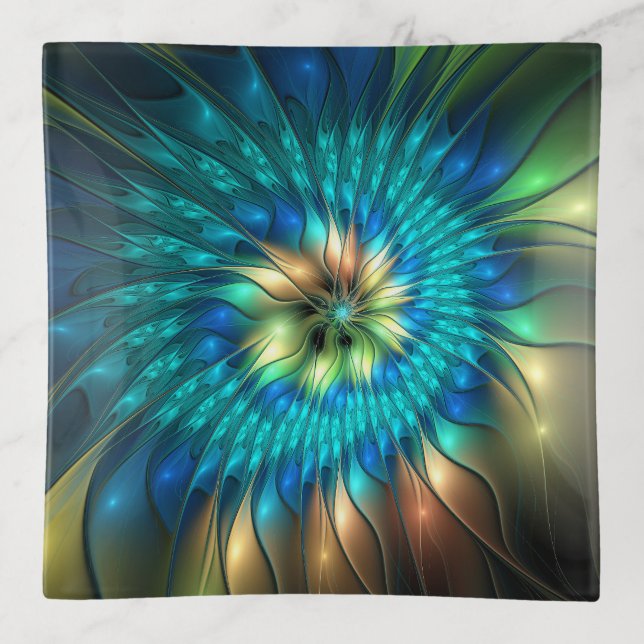 Luminous Fantasy Flower, Colorful Abstract Fractal Trinket Tray (Front)