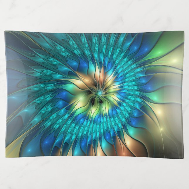 Luminous Fantasy Flower, Colorful Abstract Fractal Trinket Tray (Front)