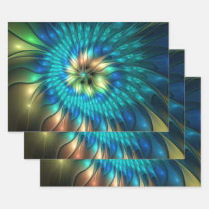 Luminous Fantasy Flower, Colorful Abstract Fractal Wrapping Paper Sheets