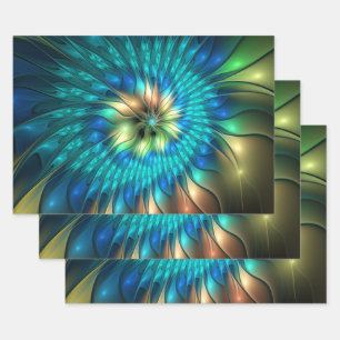 Luminous Fantasy Flower, Colorful Abstract Fractal Wrapping Paper Sheets