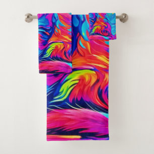 Luminous Feline: Colorful Neon Cat Bath Towel Set