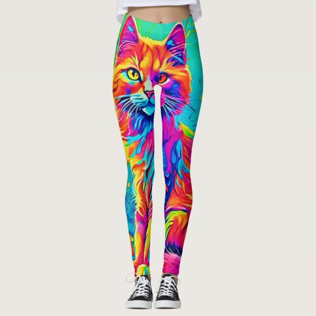 Luminous Feline: Colorful Neon Cat Leggings (Front)