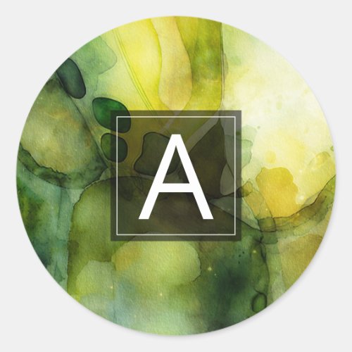 Luminous Flow | Green Abstract Watercolor  Classic Round Sticker