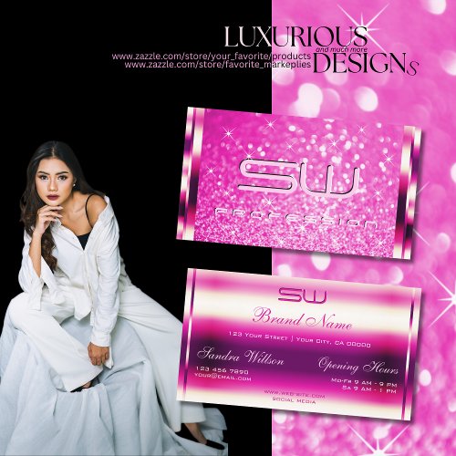 Luminous Girly Pink Glitter Glamour Stars Initials Business Card