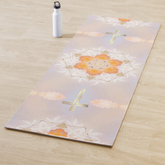 Luminous Gold Holy Cross, Pretty Orange Floral Yoga Mat