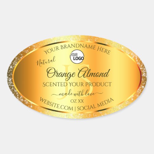 Luminous Gold Orange Sparkly Glitter Initials Logo Oval Sticker