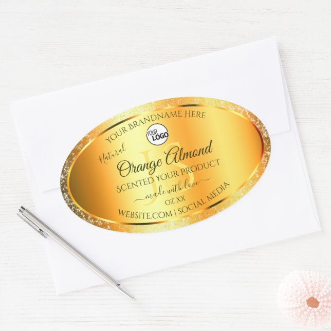Luminous Gold Orange Sparkly Glitter Initials Logo Oval Sticker (Envelope)