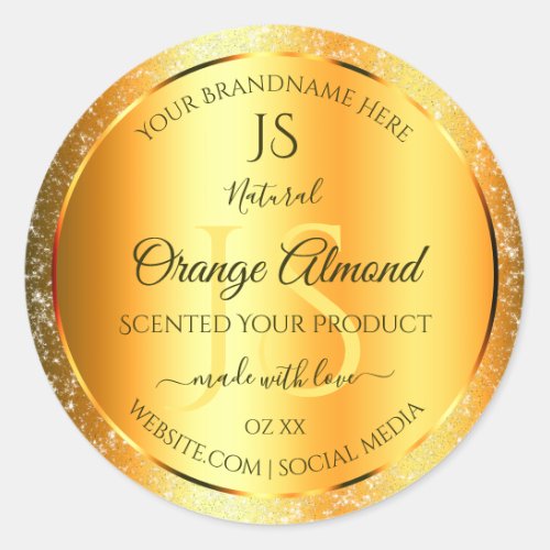 Luminous Gold Orange Sparkly Glitter with Initials Classic Round Sticker