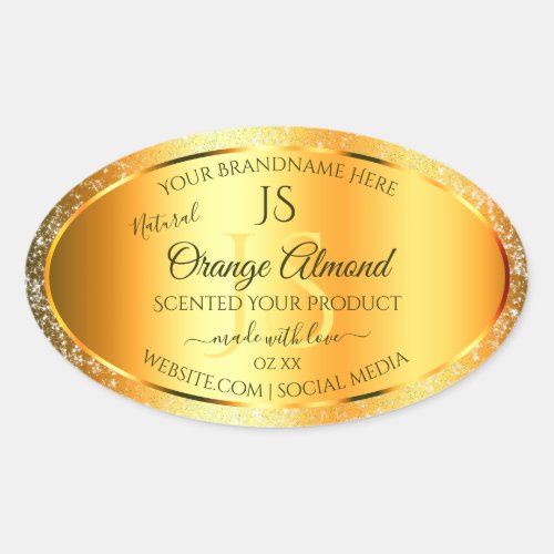 Luminous Gold Orange Sparkly Glitter with Initials Oval Sticker