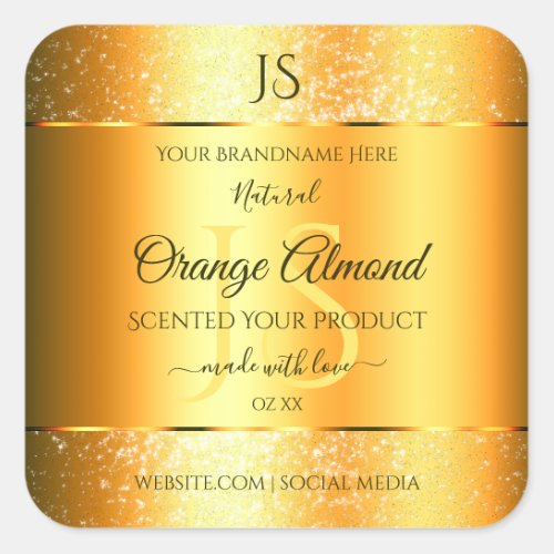 Luminous Gold Orange Sparkly Glitter with Initials Square Sticker