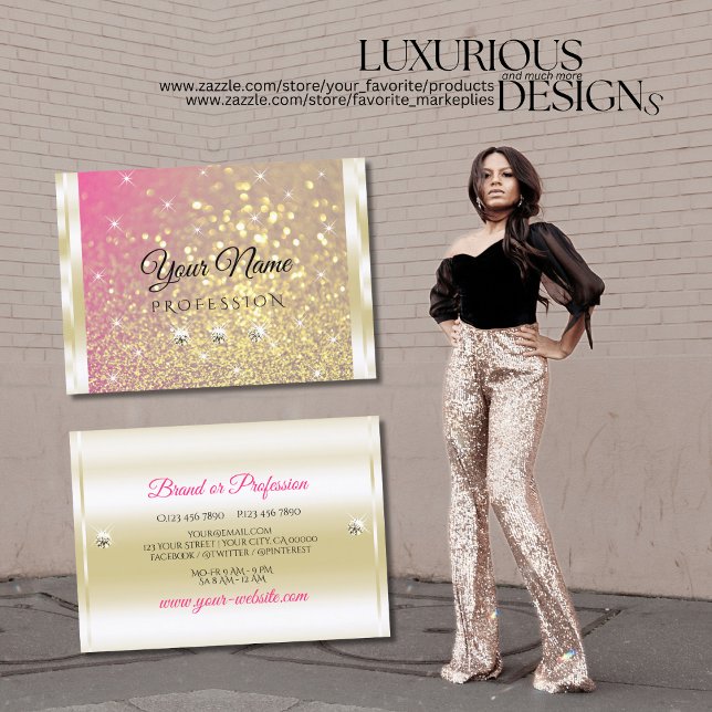 Luminous Gold Pink Purple Glitter Diamonds Luxury Business Card (Creator Uploaded)