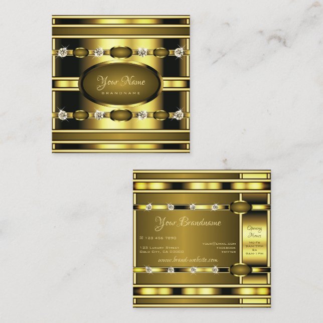Luminous Golden with Shimmering Glitzy Rhinestones Square Business Card (Front/Back)