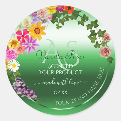 Luminous Green Floral Product Labels with Monogram
