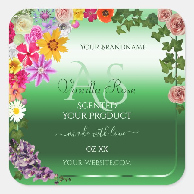Luminous Green Floral Product Labels with Monogram (Front)