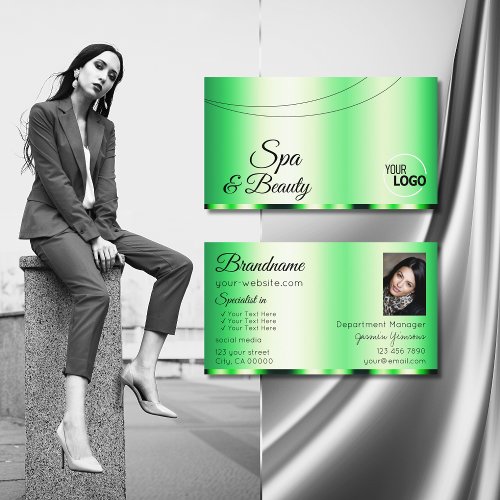 Luminous Green Glamorous with Logo and Photo Business Card