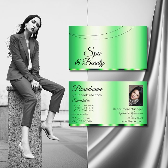 Luminous Green Glamorous with Photo Stylish Modern Business Card (Creator Uploaded)