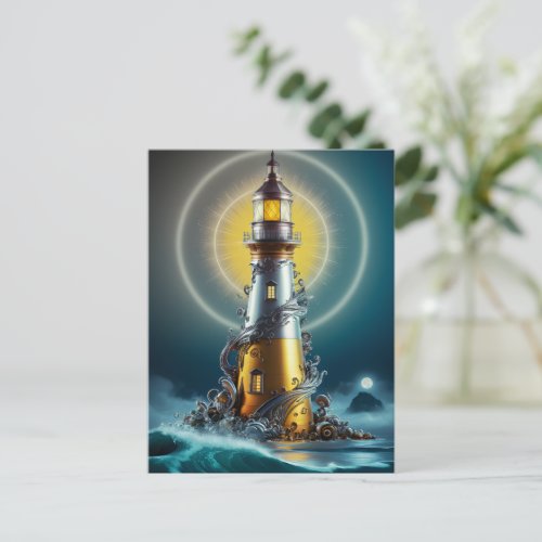 Luminous Lighthouse Amidst Waves Postcard