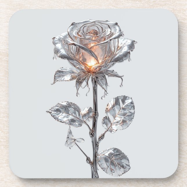 Luminous Metallic Silver Rose Beverage Coaster (Front)