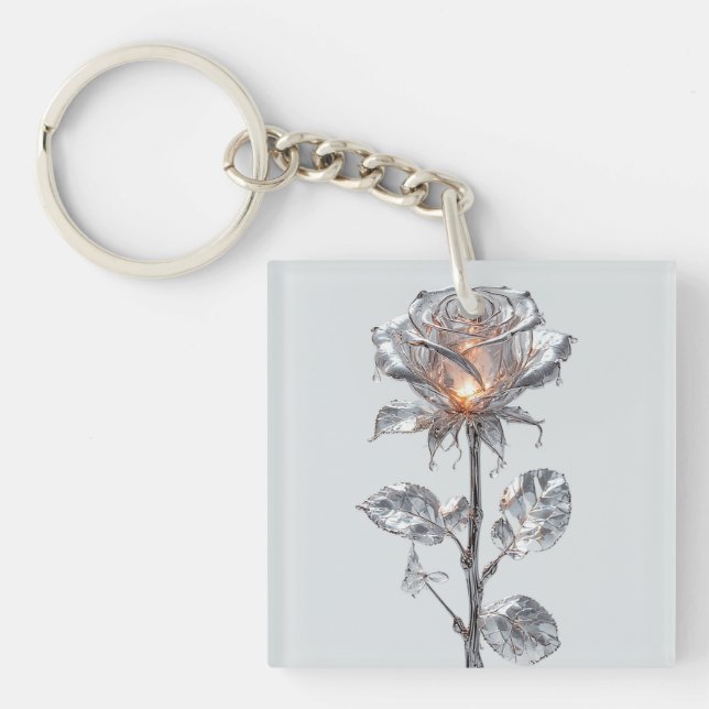 Luminous Metallic Silver Rose Keychain (Front)