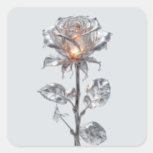 Luminous Metallic Silver Rose Square Sticker