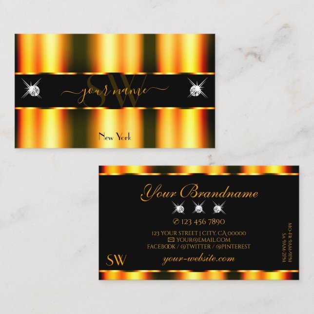 Luminous Orange Black Sparkling Diamonds Initials Business Card (Front/Back)