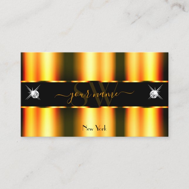 Luminous Orange Black Sparkling Diamonds Initials Business Card (Front)