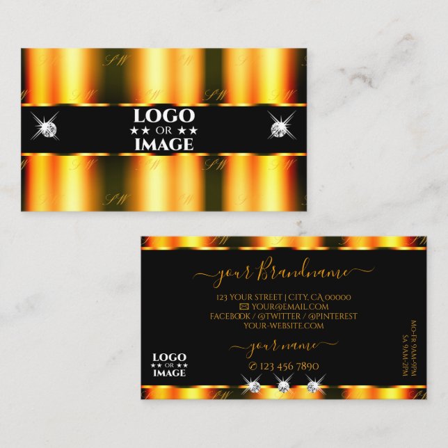 Luminous Orange Black Sparkling Diamonds with Logo Business Card (Front/Back)