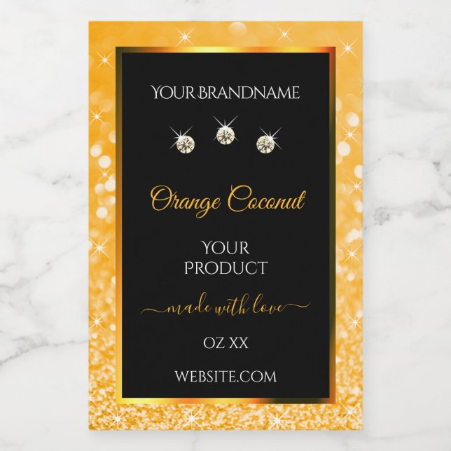 Luminous Orange Glitter Stars Black Product Labels (Single Label)