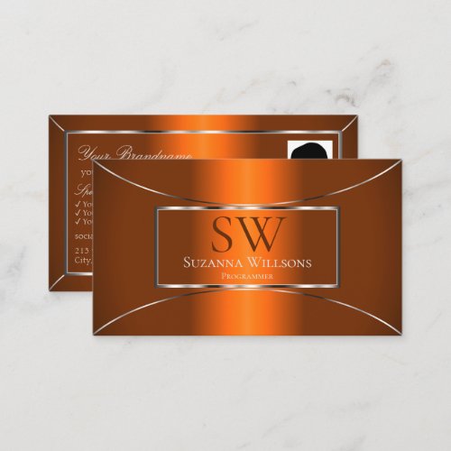 Luminous Orange Silver Decor with Monogram  Photo Business Card