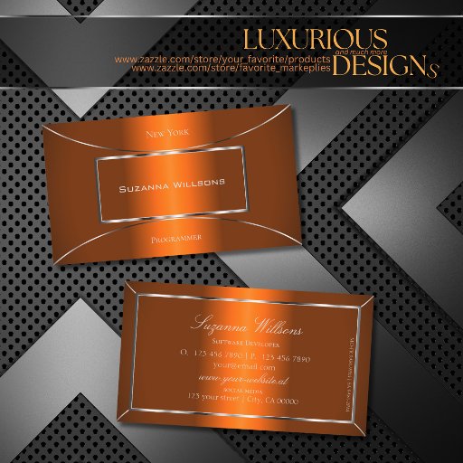 Customizable Luminous Orange with Silver Decor Professional Business Card