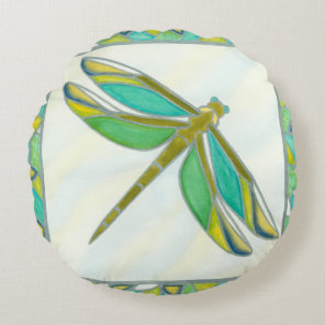 Luminous Pastel Dragonfly by Vanna Lam Round Pillow