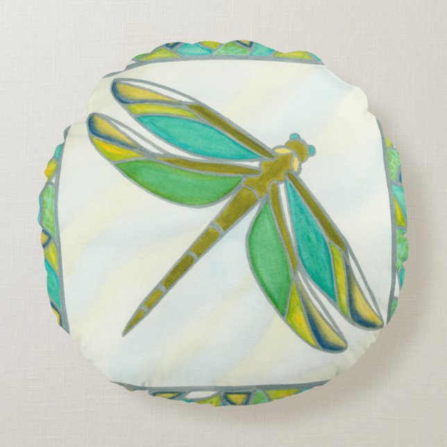 Luminous Pastel Dragonfly by Vanna Lam Round Pillow (Front)