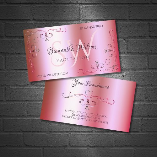 Luminous Pink Green Color Gradient Ornate Initials Business Card