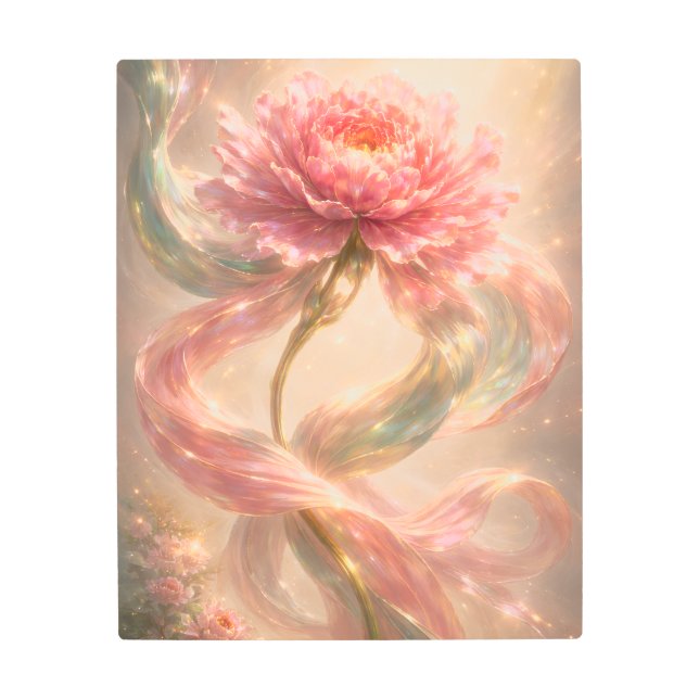 Luminous Pink Peony Metal Wall Art- Fantasy Flower Metal Print (Front)