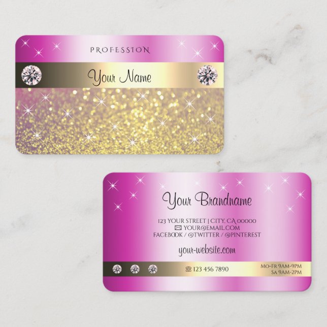 Luminous Pink Purple Gold Glitter with Diamonds Business Card (Front/Back)