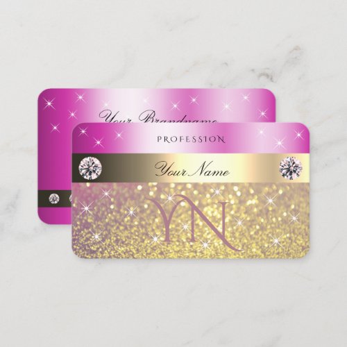 Luminous Pink Purple Gold Glitter with Initials Business Card