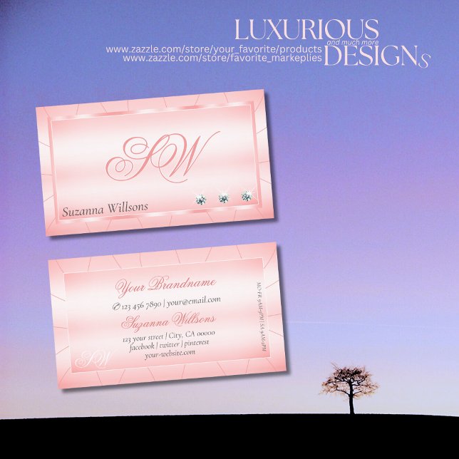Luminous Pink with Diamonds and Monogram Glamorous Business Card (Creator Uploaded)