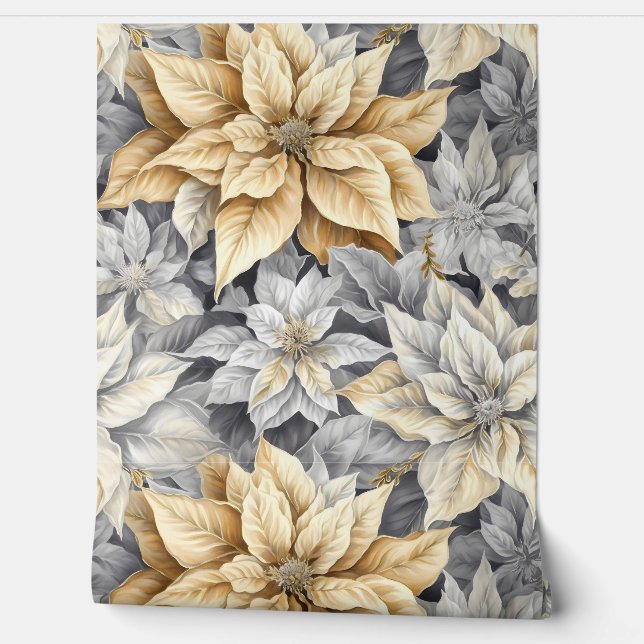 Luminous Poinsettia Splendor Botanical Wallpaper (Unrolling)