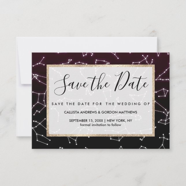 Luminous Purple White Zodiac Constellation Stars Save The Date (Front)
