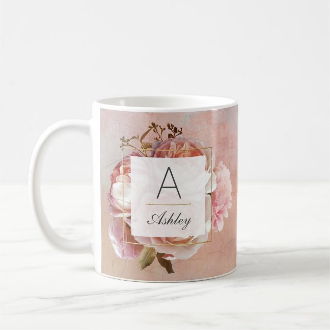 LUMINOUS ROSE Elegant Modern Floral Monogram Coffee Mug (Left)