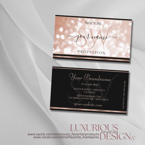 Luminous Rose Gold Glitter Initials Luxury Black Business Card