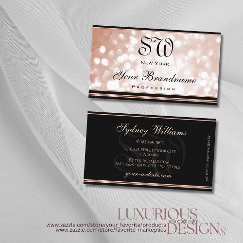 Luminous Rose Gold Glitter Monogram Luxury Black  Business Card