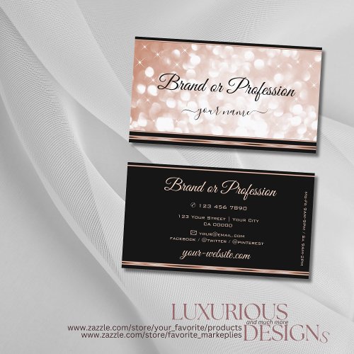 Luminous Rose Gold Glitter Stars Luxury Black Business Card