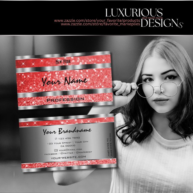 Luminous Ruby Red Glitter Stars Silver Decoration Business Card (Creator Uploaded)