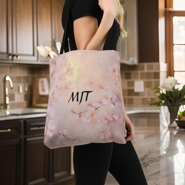 Luminous Sakura Cherry Blossom Branches Monogram Tote Bag (Creator Uploaded)