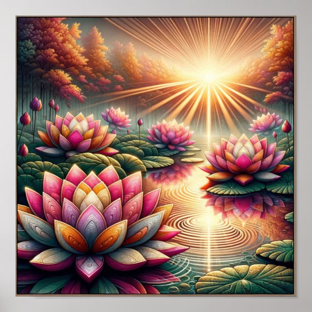 Luminous Serenity: Lotus Blossoms at Dawn Poster (Front)
