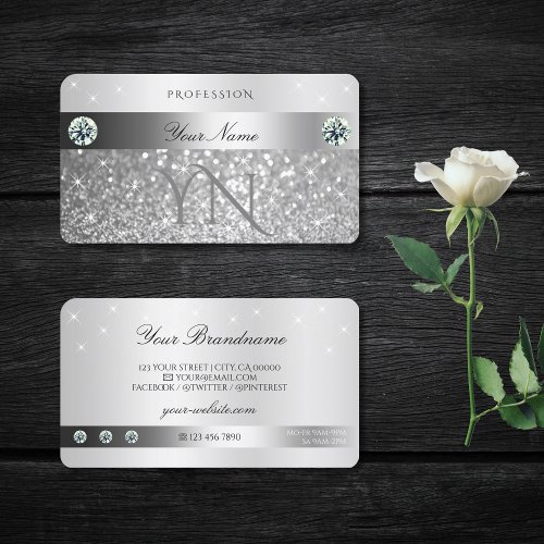 Luminous Silver Glitter Sparkling Stars Monogram Business Card